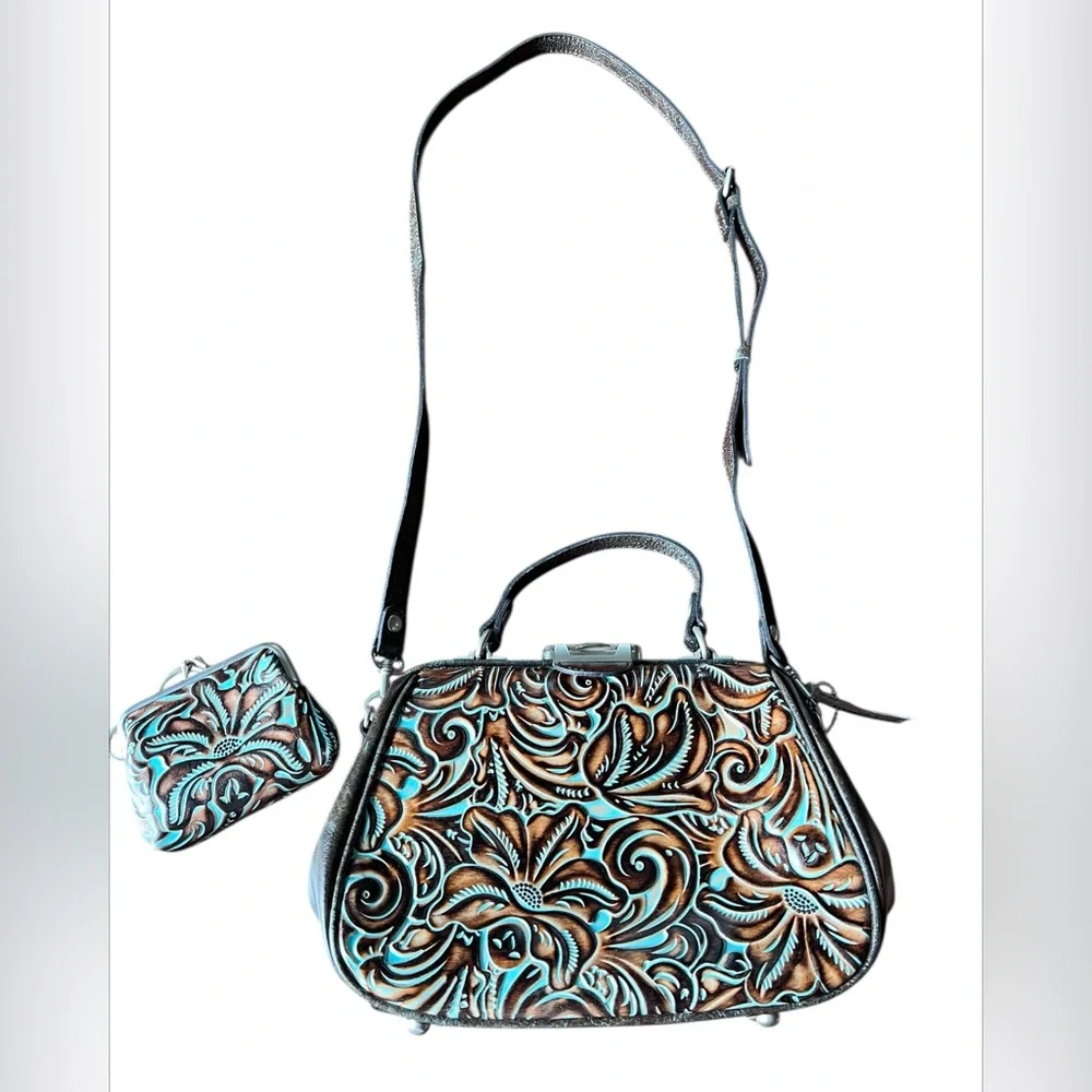 Patricia Nash Turquoise Framed Gracchi Tooled Burnt Leather Crossbody Set - Picture 10 of 16